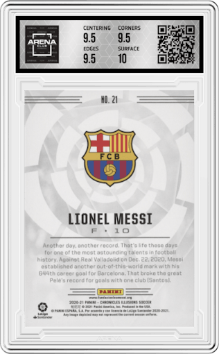 Lionel Messi from the 2020-21 Panini Chronicles set featuring a Blue Circles Asia parallel graded by Arena Club and given an overall grade of 10.