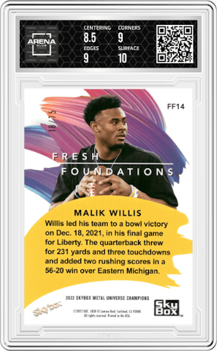 Malik Willis from the 2022 Skybox Metal Universe Champions Multi-Sport set featuring a Pink PMG parallel graded by Arena Club and given an overall grade of 9.