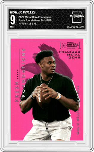 Malik Willis from the 2022 Skybox Metal Universe Champions Multi-Sport set featuring a Pink PMG parallel graded by Arena Club and given an overall grade of 9.