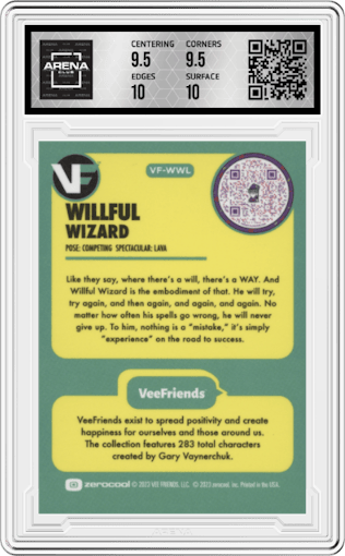 Willful Wizard from the 2023 Zerocool VeeFriends Wizards Pack set featuring a Lava parallel graded by Arena Club and given an overall grade of 10.