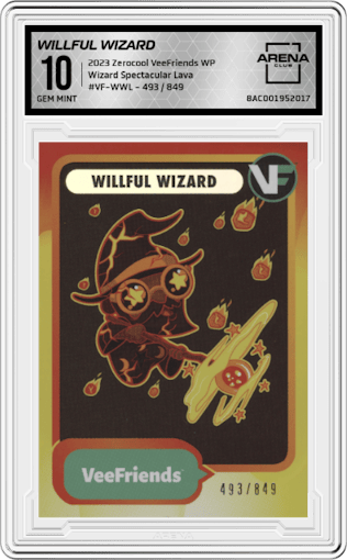 Willful Wizard from the 2023 Zerocool VeeFriends Wizards Pack set featuring a Lava parallel graded by Arena Club and given an overall grade of 10.