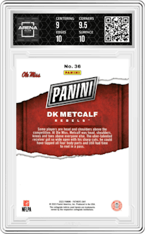 DK Metcalf from the 2023 Panini Father's Day set featuring a Holo parallel graded by Arena Club and given an overall grade of 9.5.