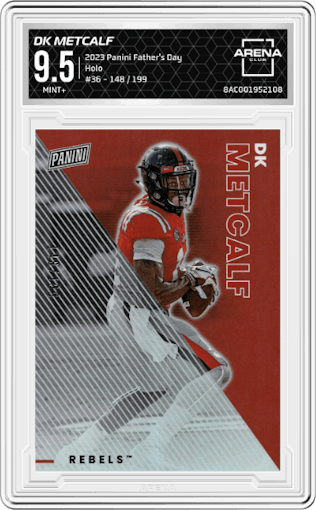 DK Metcalf from the 2023 Panini Father's Day set featuring a Holo parallel graded by Arena Club and given an overall grade of 9.5.