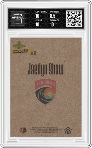 Jaedyn Shaw from the 2023 Parkside NWSL Vol. 1 set graded by Arena Club and given an overall grade of 9.