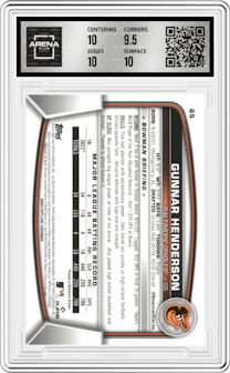Gunnar Henderson from the 2023 Bowman  set graded by Arena Club and given an overall grade of 10.