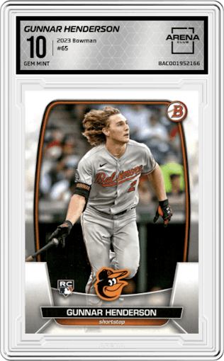 Gunnar Henderson from the 2023 Bowman  set graded by Arena Club and given an overall grade of 10.