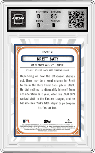 Brett Baty from the 2023 Bowman  set graded by Arena Club and given an overall grade of 10.
