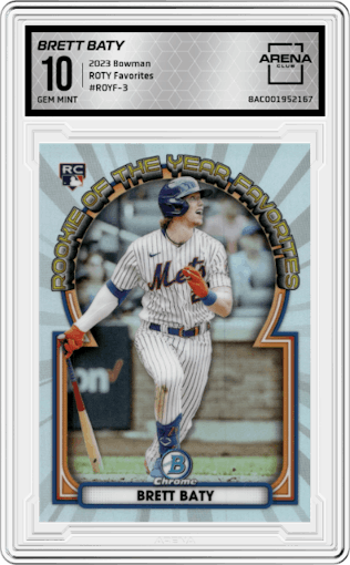 Brett Baty from the 2023 Bowman  set graded by Arena Club and given an overall grade of 10.