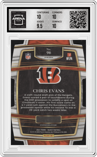  Chris Evans from the 2021 Panini Select set featuring a Die-Cut Zebra parallel graded by Arena Club and given an overall grade of 10.