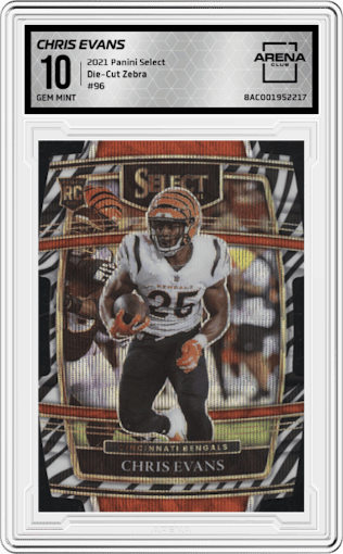  Chris Evans from the 2021 Panini Select set featuring a Die-Cut Zebra parallel graded by Arena Club and given an overall grade of 10.