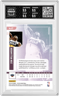 Zion Williamson from the 2019-20 Panini Status set graded by Arena Club and given an overall grade of 9.5.