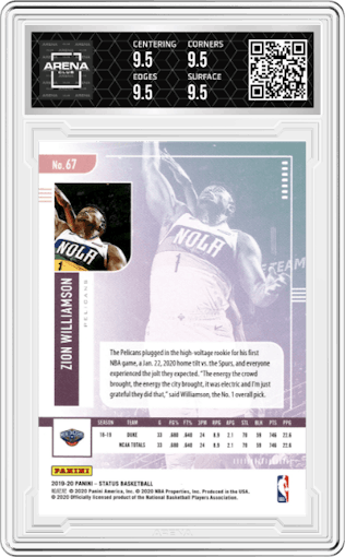 Zion Williamson from the 2019-20 Panini Status set graded by Arena Club and given an overall grade of 9.5.
