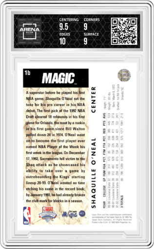 Shaquille O'Neal from the 1992-93 Upper Deck  set featuring a Trade Card parallel graded by Arena Club and given an overall grade of 9.5.