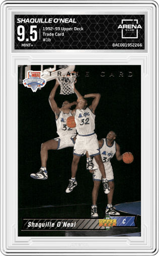 Shaquille O'Neal from the 1992-93 Upper Deck  set featuring a Trade Card parallel graded by Arena Club and given an overall grade of 9.5.