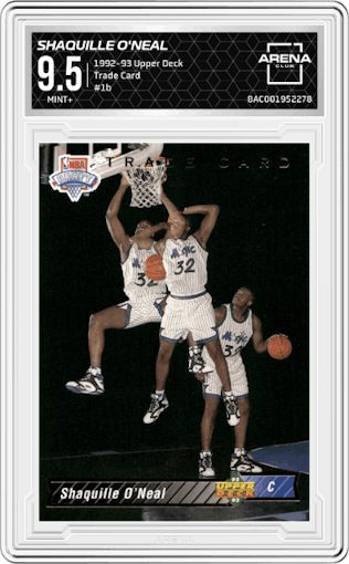 Shaquille O'Neal from the 1992-93 Upper Deck  set featuring a Trade Card parallel graded by Arena Club and given an overall grade of 9.5.