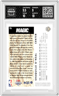 Shaquille O'Neal from the 1992-93 Upper Deck  set featuring a Trade Card parallel graded by Arena Club and given an overall grade of 9.5.