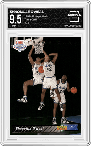 Shaquille O'Neal from the 1992-93 Upper Deck  set featuring a Trade Card parallel graded by Arena Club and given an overall grade of 9.5.