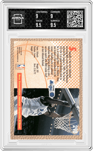 Shaquille O'Neal from the 1992-93 Fleer  set graded by Arena Club and given an overall grade of 9.5.