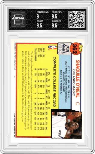Shaquille O'Neal from the 1992-93 Topps set graded by Arena Club and given an overall grade of 9.5.