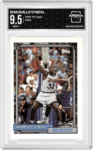 Shaquille O'Neal from the 1992-93 Topps set graded by Arena Club and given an overall grade of 9.5.