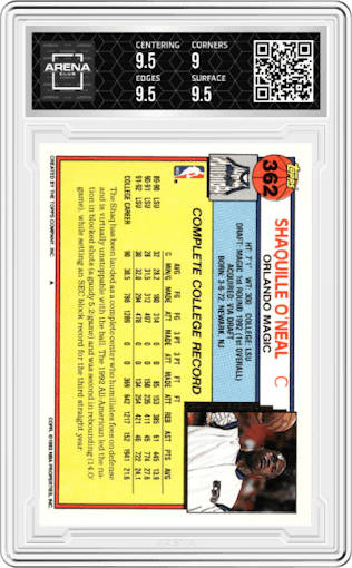 Shaquille O'Neal from the 1992-93 Topps set graded by Arena Club and given an overall grade of 9.5.