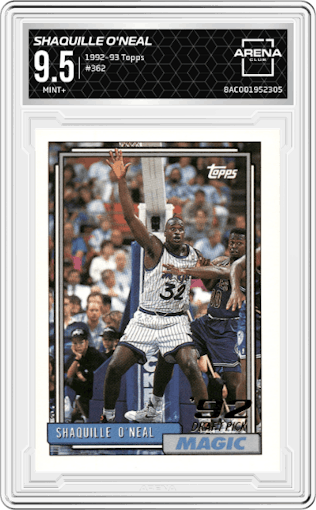 Shaquille O'Neal from the 1992-93 Topps set graded by Arena Club and given an overall grade of 9.5.