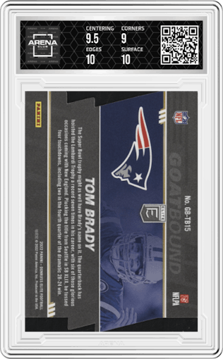 Tom Brady from the 2022 Panini Donruss Elite set graded by Arena Club and given an overall grade of 9.5.
