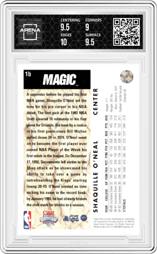 Shaquille O'Neal from the 1992-93 Upper Deck  set featuring a Trade Card parallel graded by Arena Club and given an overall grade of 9.5.