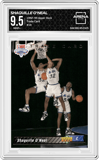 Shaquille O'Neal from the 1992-93 Upper Deck  set featuring a Trade Card parallel graded by Arena Club and given an overall grade of 9.5.
