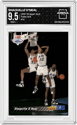 Shaquille O'Neal from the 1992-93 Upper Deck  set featuring a Trade Card parallel graded by Arena Club and given an overall grade of 9.5.