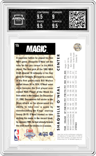 Shaquille O'Neal from the 1992-93 Upper Deck  set featuring a Trade Card parallel graded by Arena Club and given an overall grade of 9.5.