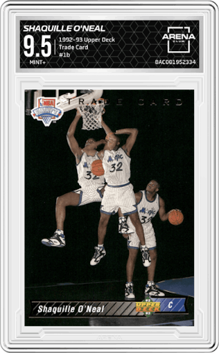 Shaquille O'Neal from the 1992-93 Upper Deck  set featuring a Trade Card parallel graded by Arena Club and given an overall grade of 9.5.