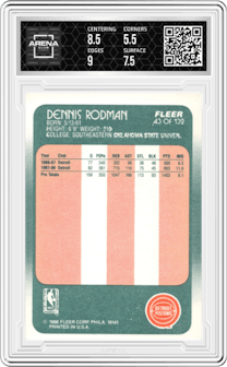 Dennis Rodman from the 1988-89 Fleer set graded by Arena Club and given an overall grade of 6.