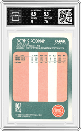 Dennis Rodman from the 1988-89 Fleer set graded by Arena Club and given an overall grade of 6.