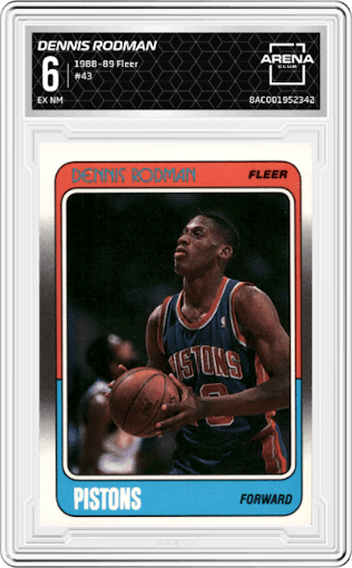 Dennis Rodman from the 1988-89 Fleer set graded by Arena Club and given an overall grade of 6.