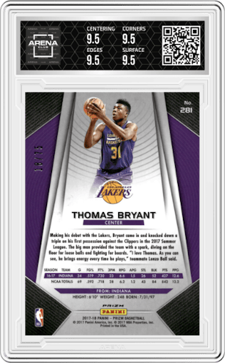 Thomas Bryant from the 2017-18 Panini Prizm  set featuring a Purple Prizm parallel graded by Arena Club and given an overall grade of 9.5.
