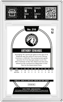 Anthony Edwards from the 2020-21 Panini NBA Hoops set featuring a Hyper Blue parallel graded by Arena Club and given an overall grade of 9.5.