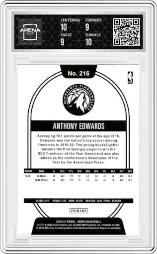 Anthony Edwards from the 2020-21 Panini NBA Hoops set featuring a Hyper Blue parallel graded by Arena Club and given an overall grade of 9.5.
