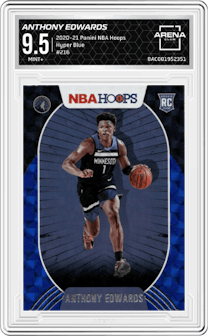 Anthony Edwards from the 2020-21 Panini NBA Hoops set featuring a Hyper Blue parallel graded by Arena Club and given an overall grade of 9.5.