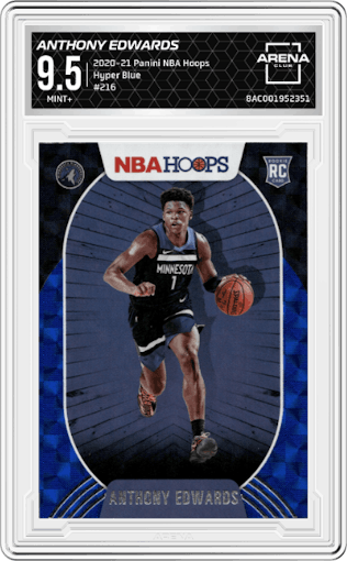 Anthony Edwards from the 2020-21 Panini NBA Hoops set featuring a Hyper Blue parallel graded by Arena Club and given an overall grade of 9.5.