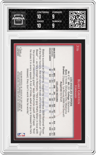Blake Griffin from the 2009-10 Topps set graded by Arena Club and given an overall grade of 9.5.