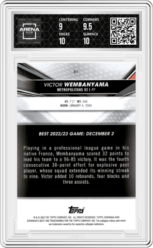 Victor Wembanyama from the 2022-23 Bowman University Best set graded by Arena Club and given an overall grade of 9.5.