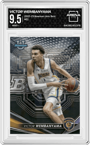 Victor Wembanyama from the 2022-23 Bowman University Best set graded by Arena Club and given an overall grade of 9.5.