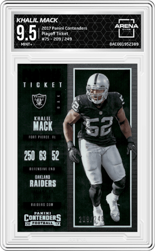 Khalil Mack from the 2017 Panini Contenders set featuring a Playoff Ticket parallel graded by Arena Club and given an overall grade of 9.5.