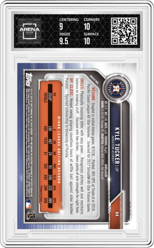 Kyle Tucker from the 2019 Bowman  set graded by Arena Club and given an overall grade of 9.5.