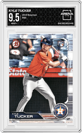 Kyle Tucker from the 2019 Bowman  set graded by Arena Club and given an overall grade of 9.5.