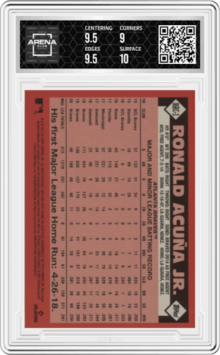 Ronald Acuna Jr. from the 2021 Topps Chrome set graded by Arena Club and given an overall grade of 9.5.