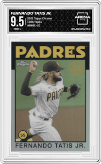 Fernando Tatis Jr. from the 2021 Topps Chrome set graded by Arena Club and given an overall grade of 9.5.
