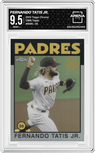 Fernando Tatis Jr. from the 2021 Topps Chrome set graded by Arena Club and given an overall grade of 9.5.