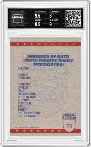 Machine Gunner from the 1991 Topps Desert Storm Trading set graded by Arena Club and given an overall grade of 8.5.